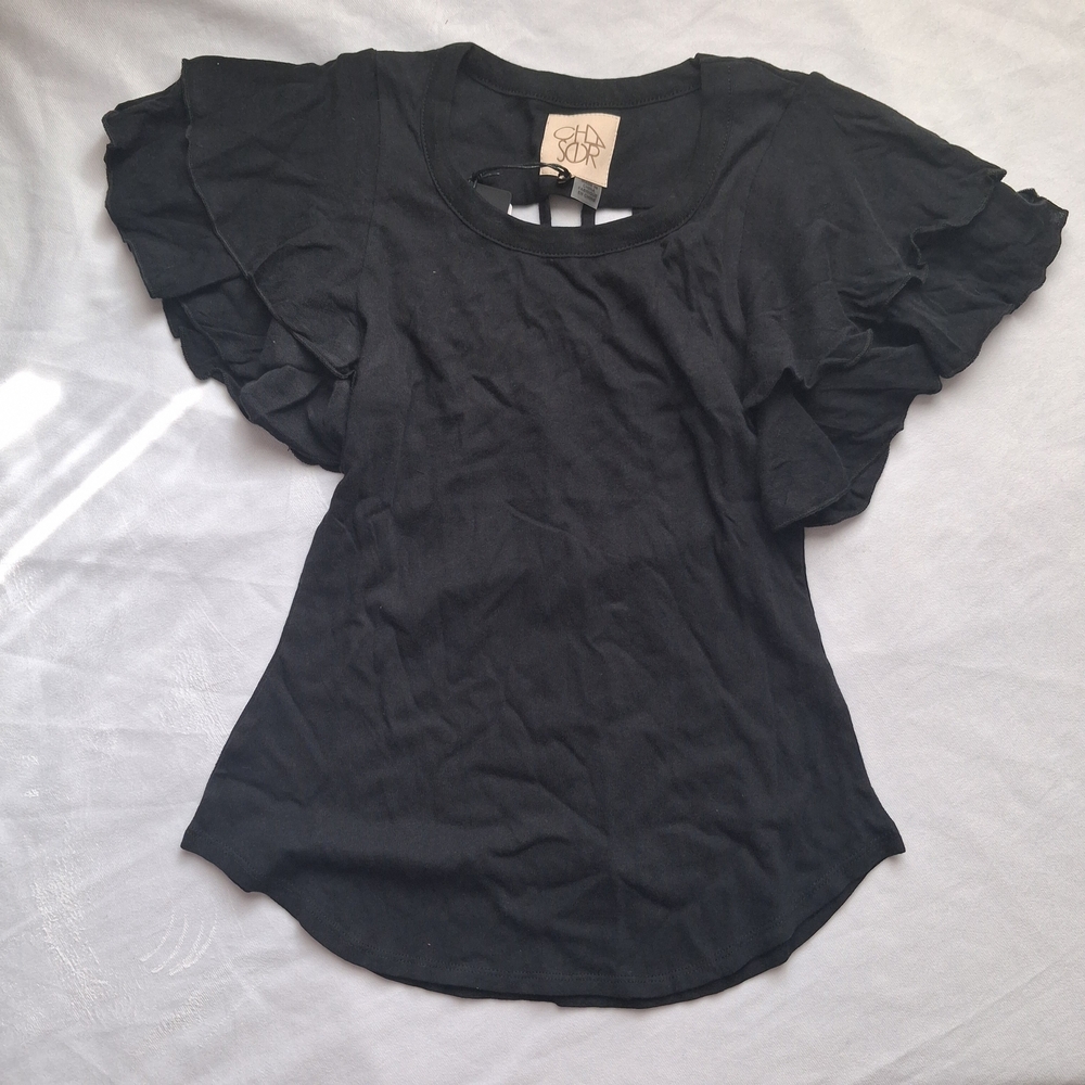 Nwt Chaser Black Short Sleeve Ruffle Womens Top 100% Cotton